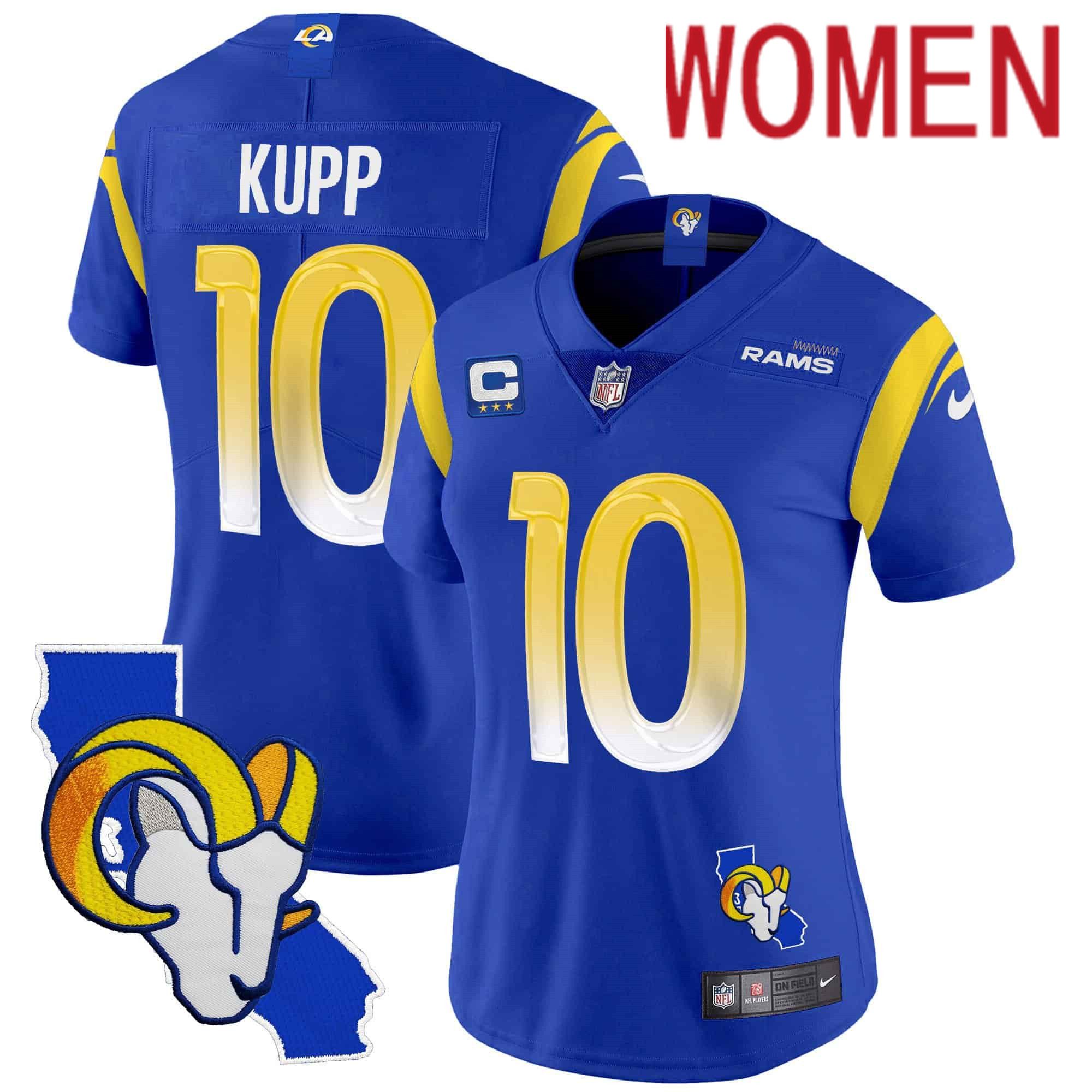 Women Los Angeles Rams #10 Kupp Blue 2024 Nike California Patch Vapor Limited NFL Jersey style 1
